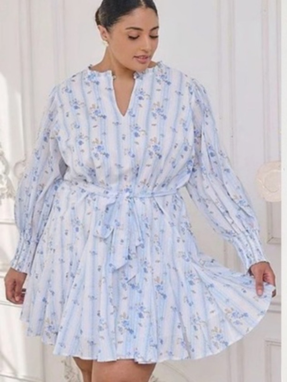 SugarLips Curve Blue Floral Stripe Balloon Sleeve Mini Dress Cottagecore 3X NWOT